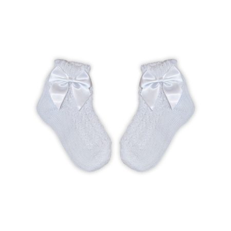 100% pamut kislány baba bokazokni horgolt felsőrésszel - masni díszítéssel - fehér - 14-15