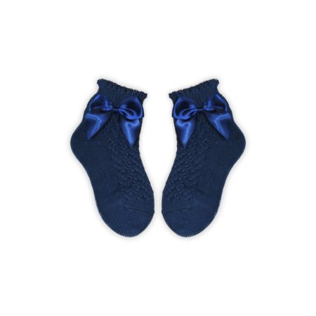 100% pamut kislány baba bokazokni horgolt felsőrésszel - masni díszítéssel - sötétkék - 16-17