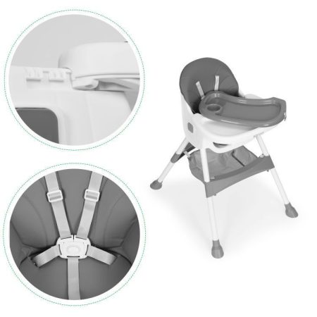 Gyerek etetőszék tálcával és kosárral 5 pontos biztonsági övvel szürke